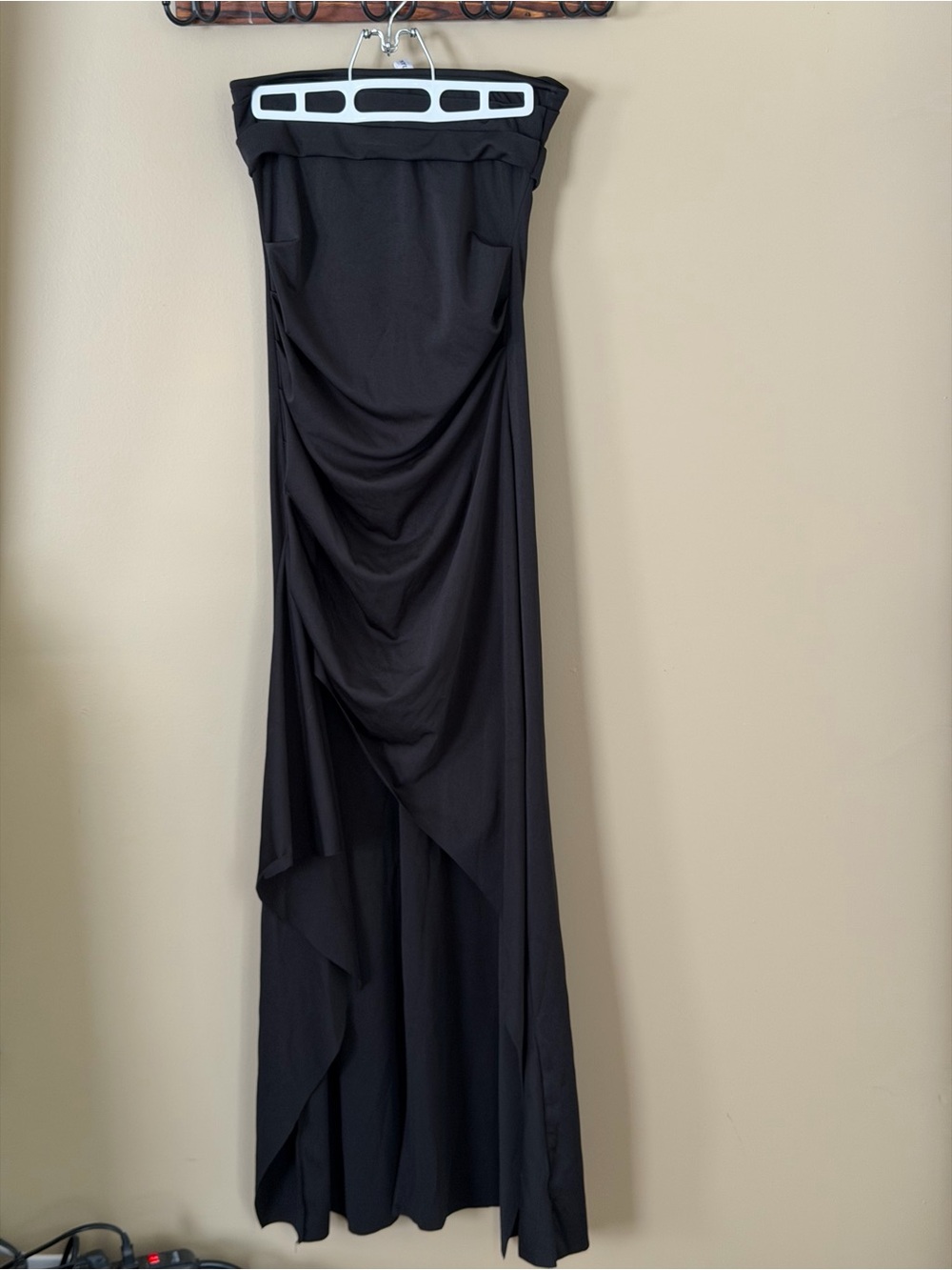 Strapless Black Draped Evening Maxi Dress